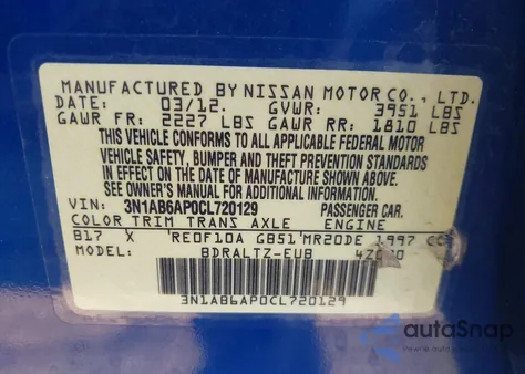 2012 Nissan Sentra 2.0 Sr z USA, uszkodzony, nr VIN 3N1AB6AP0CL720129